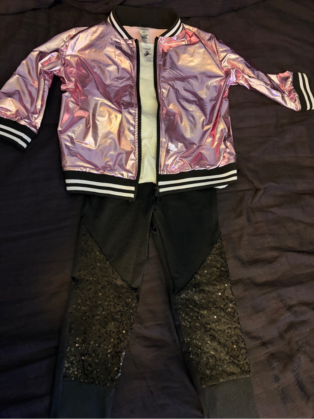 Weissman MC Metallic Pink Bomber Jacket w/ Black Sequin Leggings & White Shirt